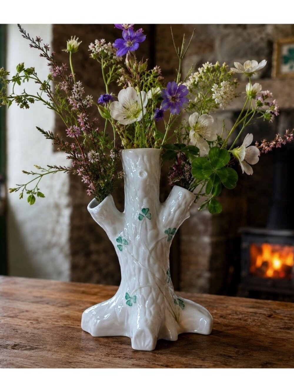 Vintage Belleek Ireland Shamrock Tree Trunk Vase 3 Branch Porcelain Cottagecore